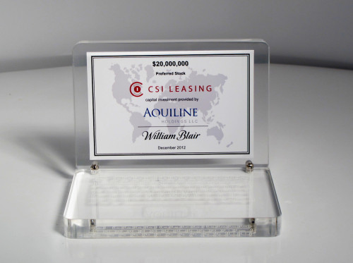 Lucite Award, Lucite custom deal toy, financial tombstone